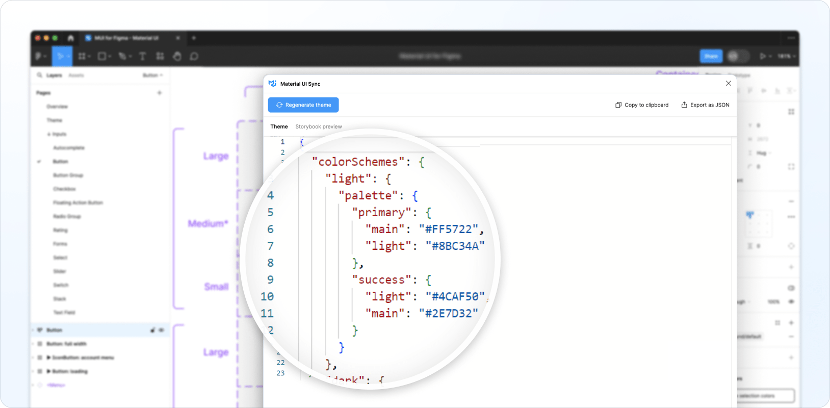 The generated theme displayed in the Material UI Sync plugin UI.