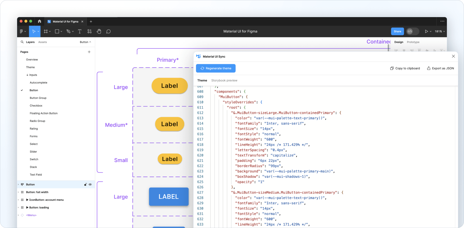 Customizing the Material UI Switch component in Figma with the Sync plugin running.